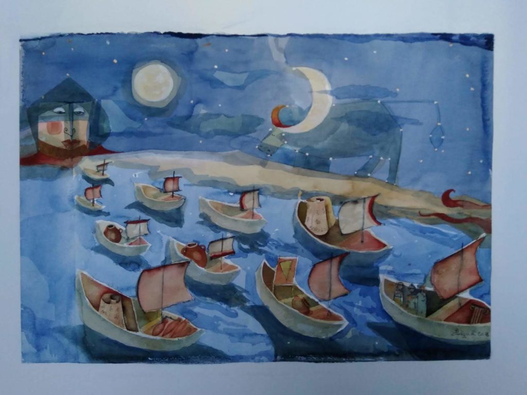 Barbara Cotignoli-Mediterraneo Storie di migrazioni popoli e civiltà, acquerello cm 70x50