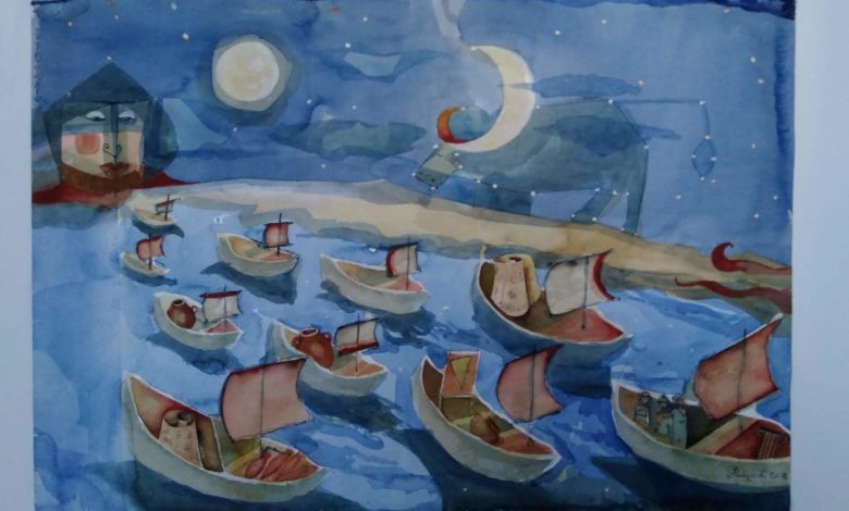 Barbara Cotignoli-Mediterraneo Storie di migrazioni popoli e civiltà, acquerello cm 70x50