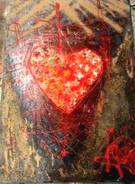 RAMELLA Alessandro- Cuore incuneato” Dipinto su tela con tecnica mista acrilico, colla vinilica, plastica, sabbia ﬁne e ghiaino. cm 50x70 anno 2019